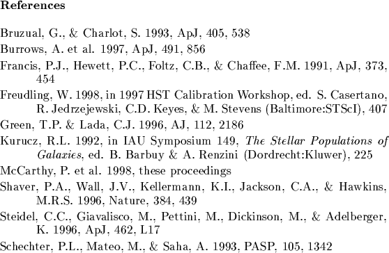 \begin{references}% latex2html id marker 5281
\reference Bruzual, G., \& Charlot...
...e Schechter, P.L., Mateo, M., \& Saha, A. 1993, PASP, 105, 1342
\end{references}