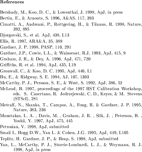 \begin{references}% latex2html id marker 6620
\par\reference Bershady, M., Koo, ...
...-Lombardi, L.\ J., \&
Weymann, R.\ J. 1998, \apj, in press
\par\end{references}