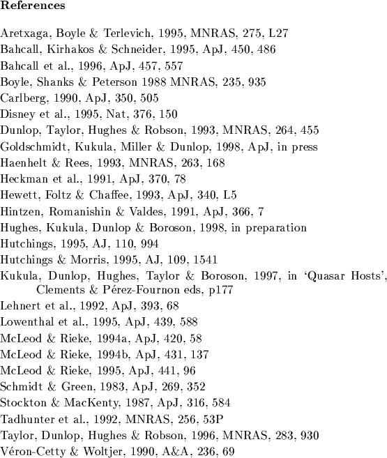 \begin{references}% latex2html id marker 7261
\par\reference Aretxaga, Boyle \& ...
...
\reference V\'{e}ron-Cetty \& Woltjer, 1990, A\&A, 236, 69
\par\end{references}