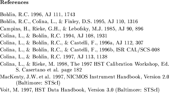 \begin{references}% latex2html id marker 1458
\par\reference Bohlin, R.C. 1996, ...
... M. 1997, HST Data Handbook, Version 3.0 (Baltimore: STScI)
\par\end{references}