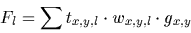 \begin{displaymath}F_l= \sum t_{x,y,l} \cdot w_{x,y,l} \cdot g_{x,y}
\end{displaymath}